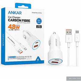 Ankar 48W carbon fibre car charger shown with its retail box, plus the charger body and two cables on a clean white background. The product is white with blue accents, and the packaging is also white and blue.